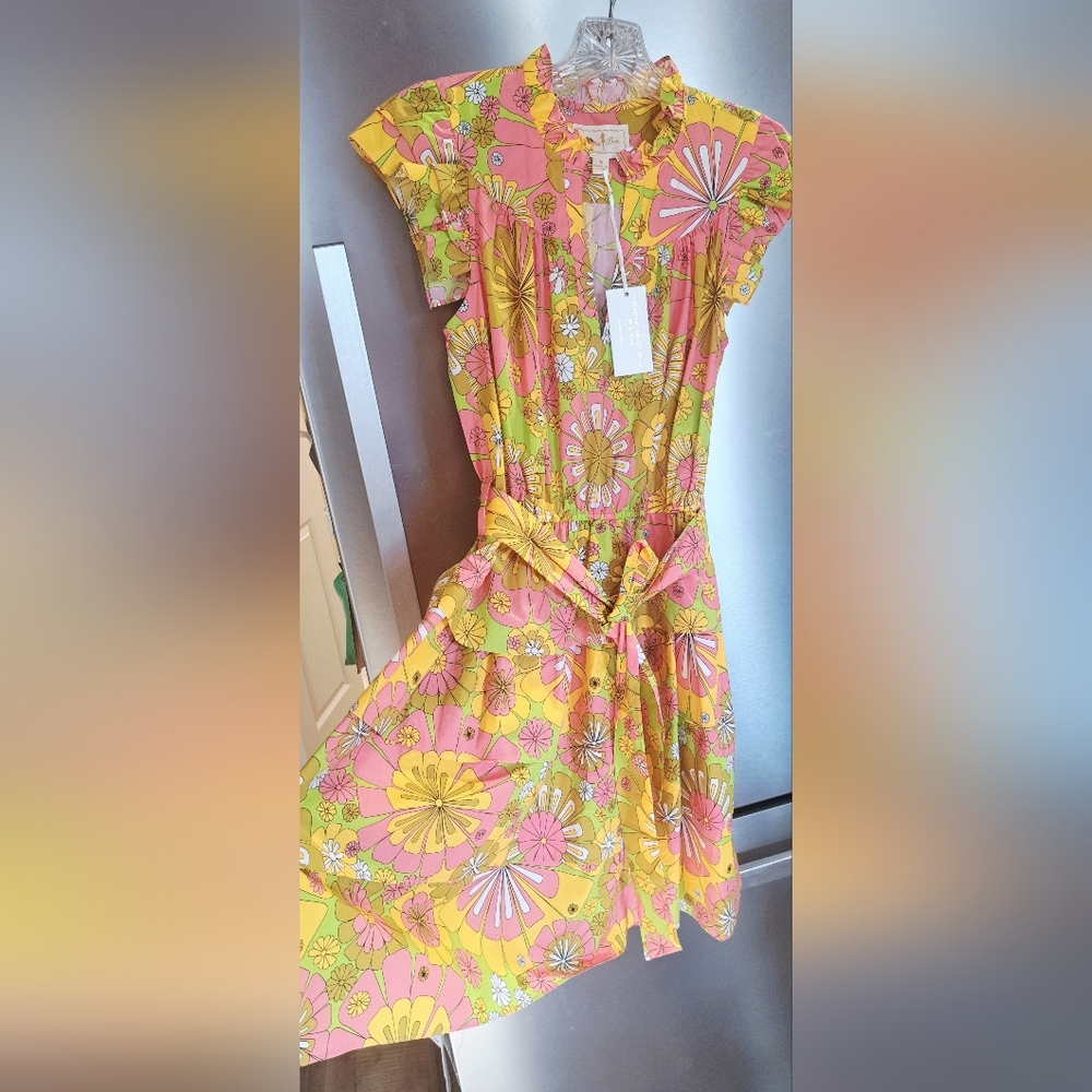 New Flora Bea NYC Mini Dress Retro Styled Tiered Green And Orange Pink Floral M - Picture 4 of 13